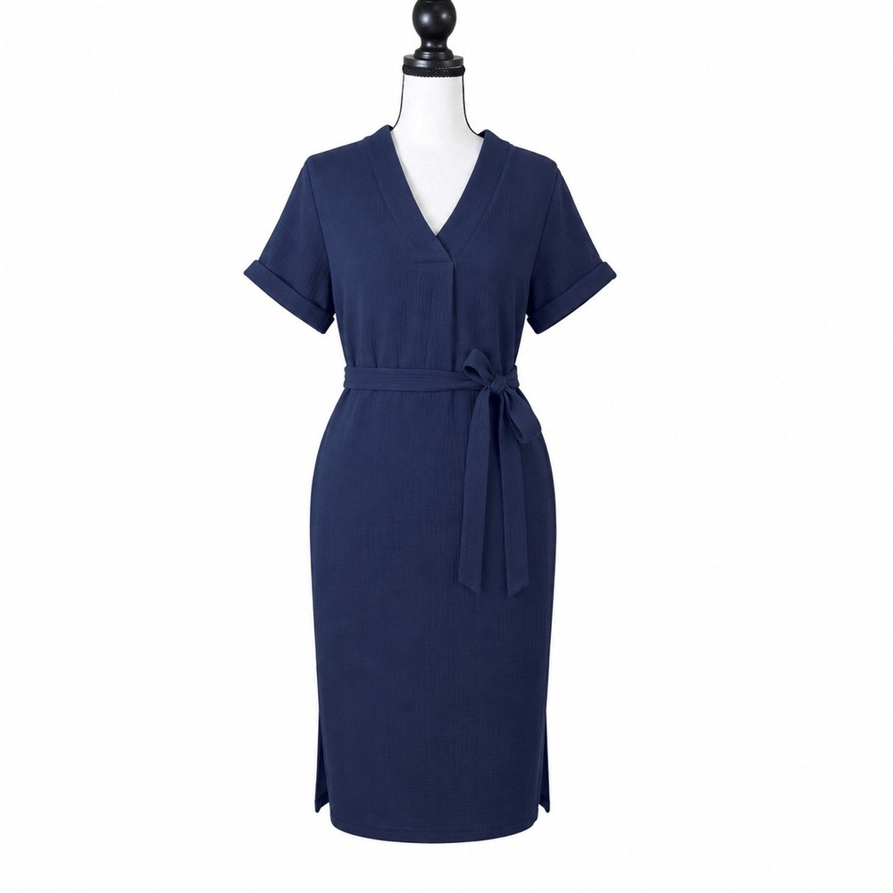 Catherine Malandrino Dress Navy Organic Cotton Gauze Belted Midi Small Summer